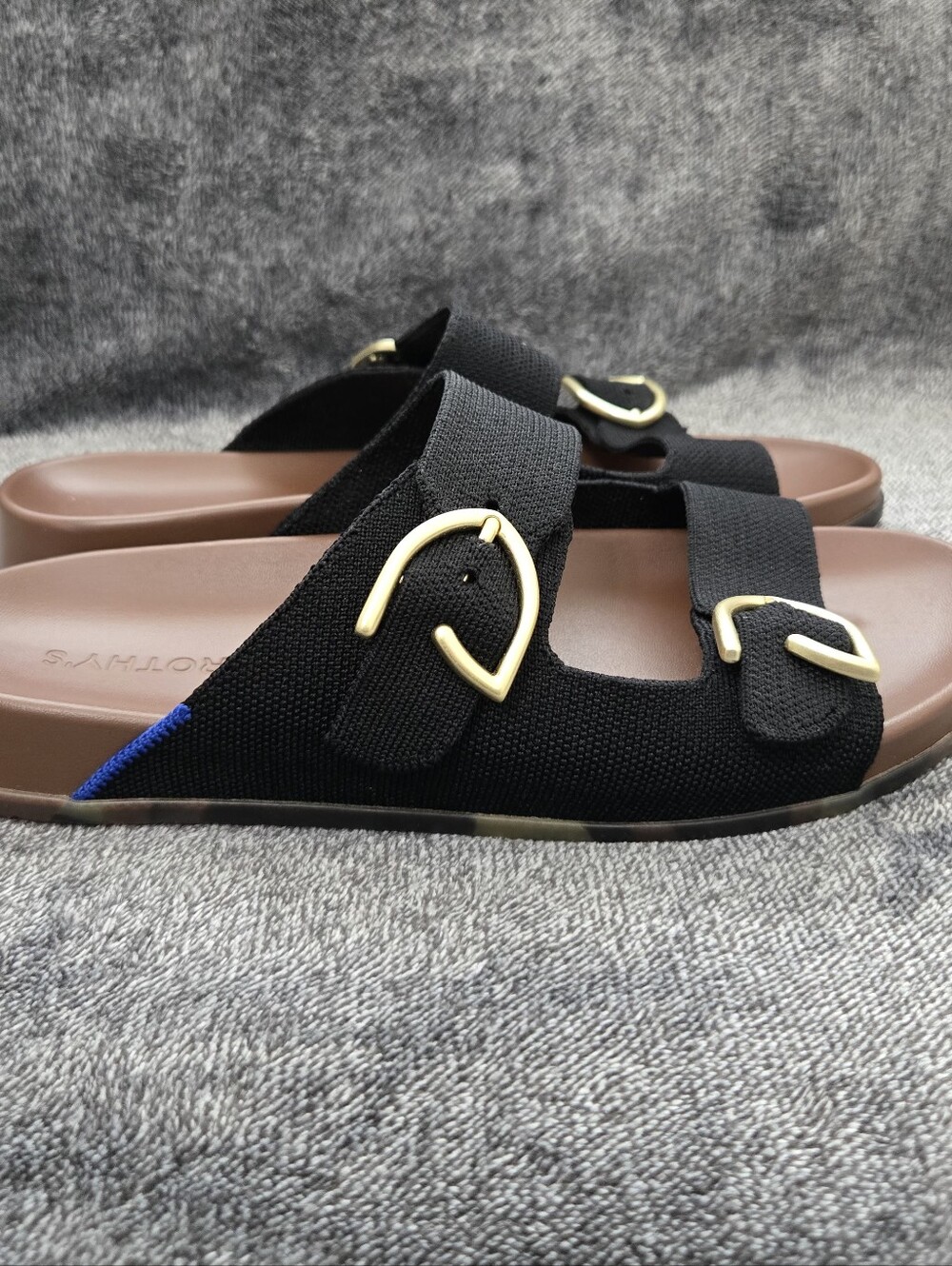 Rothy's The Buckle Slide Black Knit Sandal Gold Hardware Size 10 Washable - Picture 2 of 12